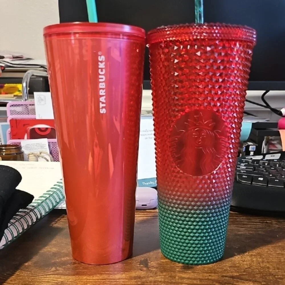Starbucks Venti Disney Red and Green Textured Tumbler & Soft Red Tumbler